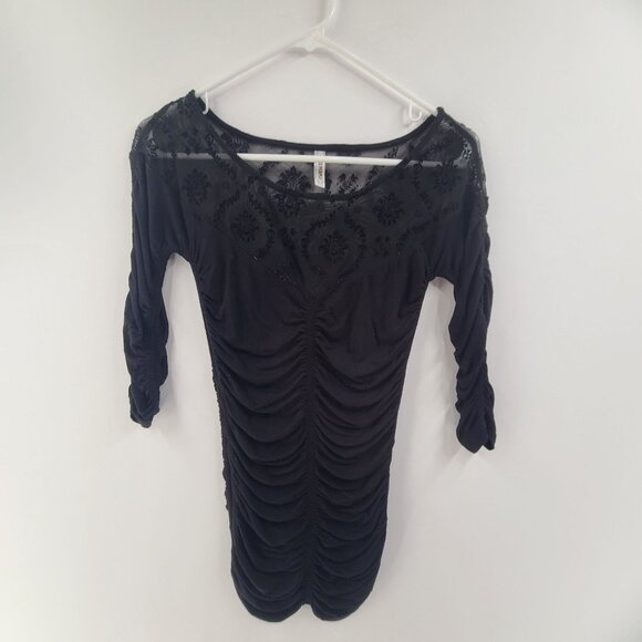 Free People Bodycon Dress Long Sleeve Mini  Rouching Mesh Detail Black Size S - Picture 1 of 7